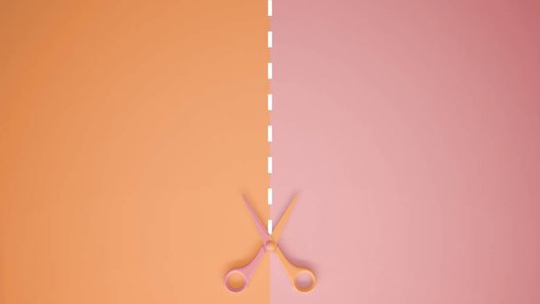 Nożyczki z linii cięcia na pastelowy pomarańczowy i różowy kolorowe tło z kopii przestrzeni, szablon makieta koncepcja - Zdjęcie, obraz