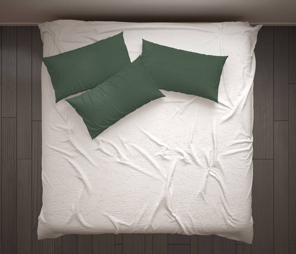 Minimalistische slaapkamer, bovenaanzicht, close-up op witte en groene tweepersoonsbed, parketvloer, eigentijds modern interieur - Foto, afbeelding