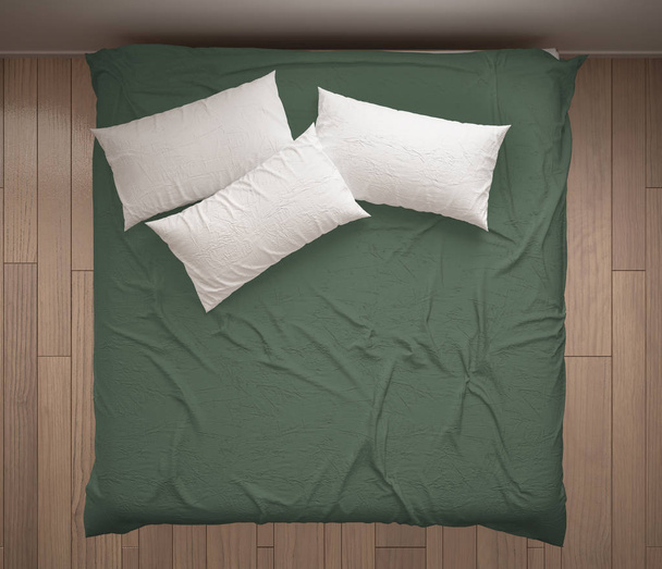 Minimalist yatak odası, üstten görünüm, closeup çift beyaz ve yeşil yatakta, parke zemin, çağdaş modern iç mekan tasarımları - Fotoğraf, Görsel