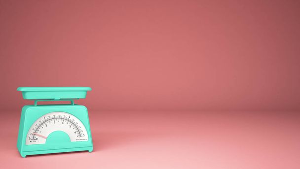 Kitchen turquoise empty weigh scales, on pink background copy space, measuring diet food concept idea - Photo, Image