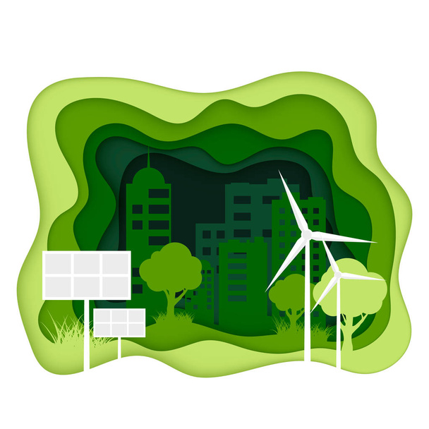 Концепция экосистемы. Эко-город с чистой энергией. Экологический баннер. Всемирный день окружающей среды. Солнечная батарея и ветряные электростанции символ зеленой энергии. Векторная иллюстрация
 - Вектор,изображение