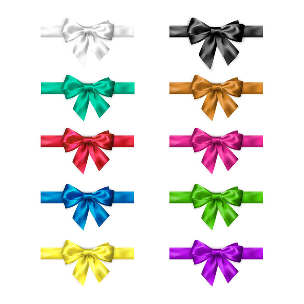 Colorful silk bow set with ribbons. Decoration collection of elegant bows. Bow design different colors. Vector illustration isolated on white background  - Vettoriali, immagini