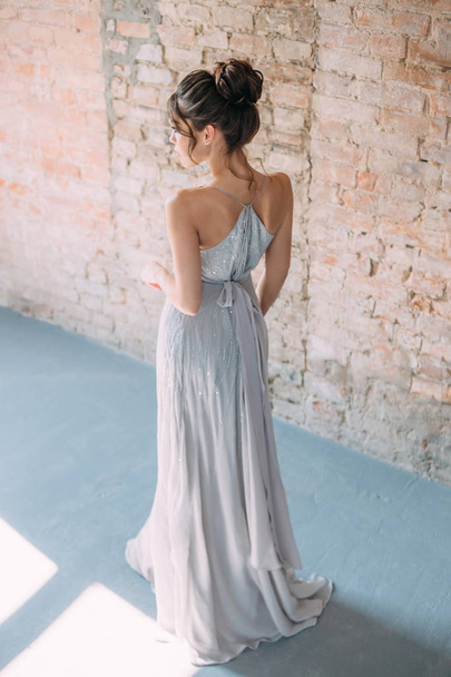 A young girl in a luxurious gray, -silver, sparkling, evening dress posing on the camera. Stylish bride in rustic style. A photo from the back, beautiful tailoring. Hairstyle high elegant bun - Foto, Imagem