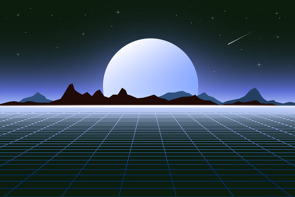 Φουτουριστικό τοπίο της δεκαετίας του 1980 στυλ ρετρό φόντου. Ψηφιακό τοπίο ρετρό cyber επιφάνεια. Ρέτρο μουσική άλμπουμ κάλυψη πρότυπο ήλιο, χώρο, βουνά . - Διάνυσμα, εικόνα