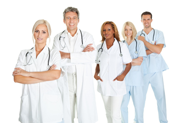 Team of doctors standing in line isolated on white - Photo, image