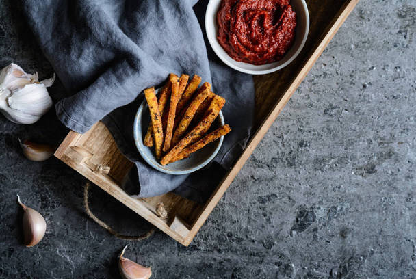 Roasted spiced Tofu fries served with tomato sauce - Photo, Image