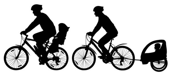 Семья с детьми путешествует на велосипедах. Силуэт горного велосипеда. Велосипедист с детской коляской. Вектор семейного велоспорта
 - Вектор,изображение