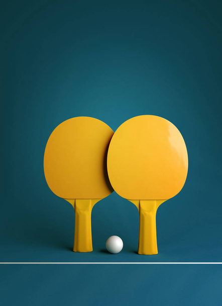 Two table tennis or ping pong rackets and ball tournament poster design 3d illustration - 写真・画像
