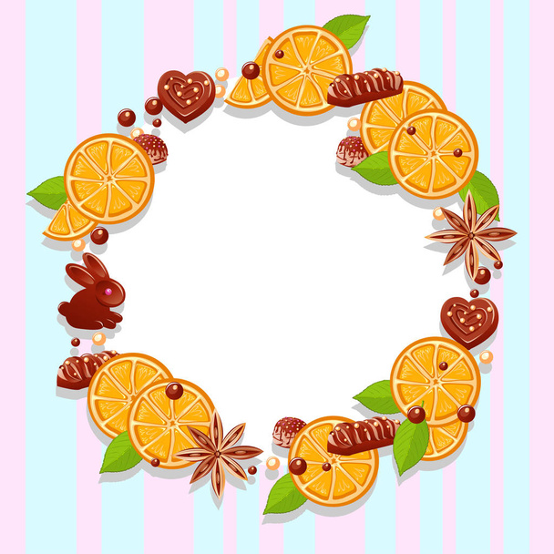 A delicious frame of chocolate sweets and orange slices. Vector illustration. - Vektor, kép