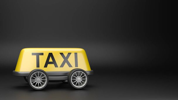 Yellow Taxi Roof Sign on Wheels on Black Background with Copyspace 3D Illustration - Photo, Image