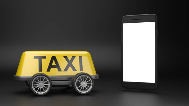 Yellow Taxi Roof Sign on Wheels and a White Screen Smartphone on Black Background 3D Illustration - Photo, Image