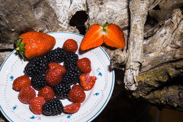 Plato en el tronco de frutas rojas como fresas, moras y frambuesas
 - Foto, imagen