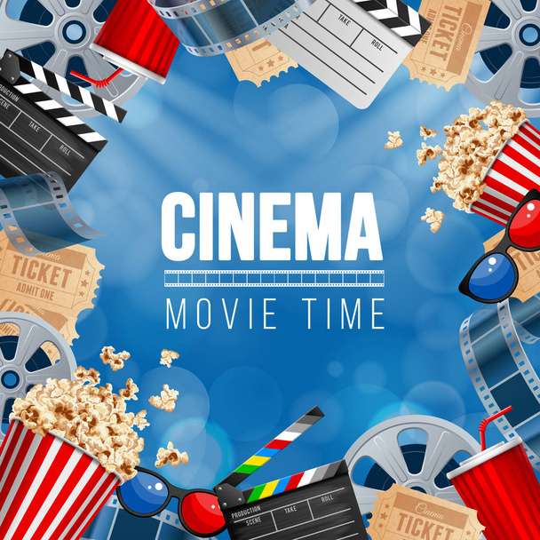 Cinematograph konsepti banneri suunnittelu malli popcorn, juoda, elokuva kela, filminauha, lippalauta ja lippu sininen bokeh tausta. Vektoriesimerkki
. - Vektori, kuva