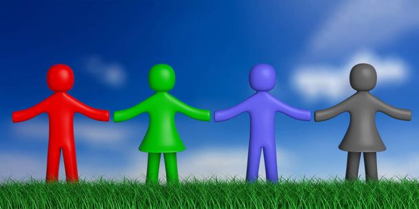 Equipe, concept d'amitié. Quatre figures humaines colorées sur l'herbe, la nature, tenant la main, fond bleu ciel. Illustration 3d
 - Photo, image