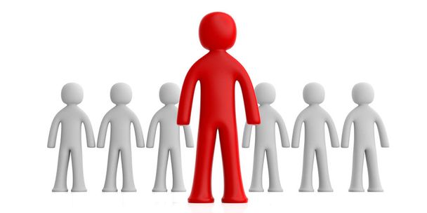 Vůdce nebo rozlišovat pojem. Tým bílých lidských postav, jedna červená postava napřed, izolované na bílém pozadí. 3D obrázek - Fotografie, Obrázek