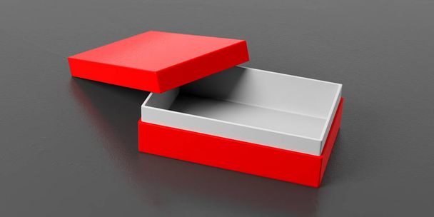 Κόκκινο ανοιχτό κενό κοσμήματα δώρο κουτί με καπάκι στο μαύρο γκρι φόντο, 3d απεικόνιση - Φωτογραφία, εικόνα