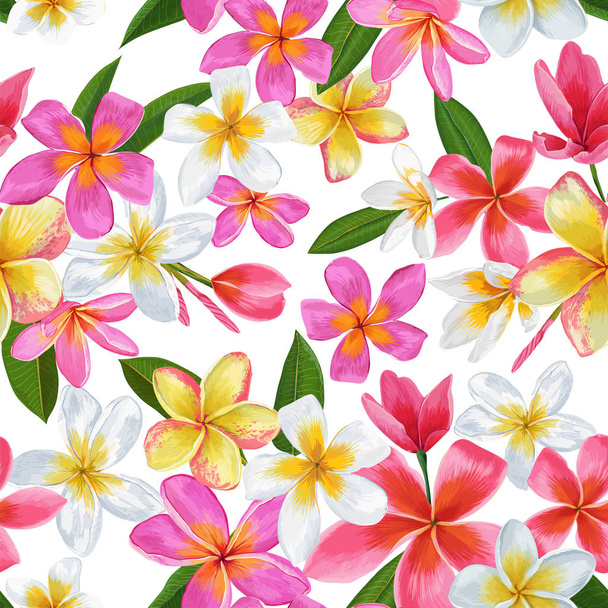 Watercolor Tropical Flowers Seamless Pattern. Floral Hand Drawn Background. Exotic Plumeria Flowers Design for Fabric, Textile, Wallpaper. Vector illustration - Vector, imagen