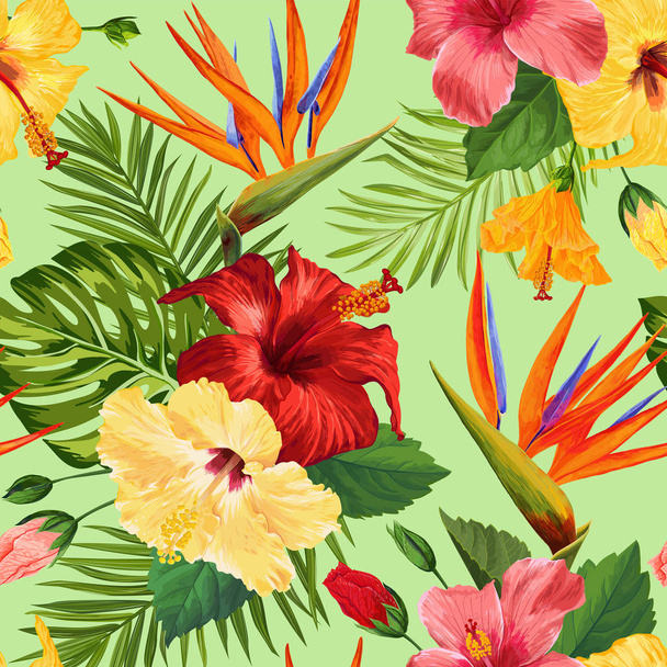 Watercolor Tropical Flowers Seamless Pattern. Floral Hand Drawn Background. Exotic Blooming Flowers Design for Fabric, Textile, Wallpaper. Vector illustration - Wektor, obraz