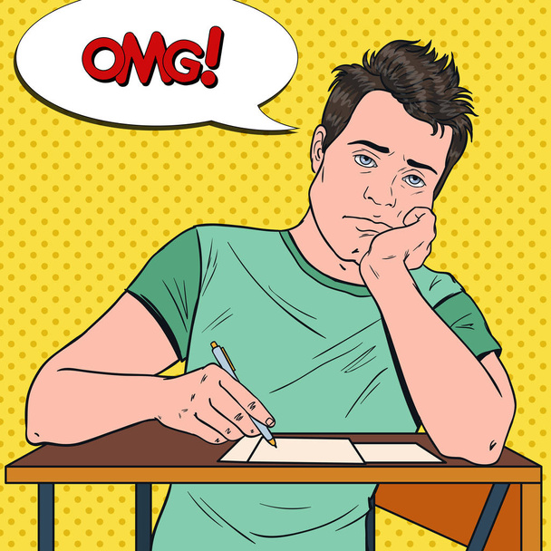 Pop Art Exhausted Male Student Sitting on the Desk During Boring University Lecture. Tired Handsome Man in College. Education Concept. Vector illustration - Vektor, Bild