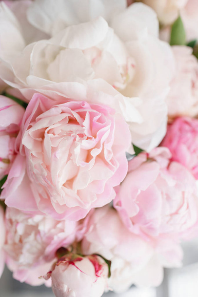 Прекрасные цветы в стеклянной вазе. Прекрасный букет белых и розовых пионов. Цветочный состав, дневной свет. Летние обои. Цвета пастели
 - Фото, изображение