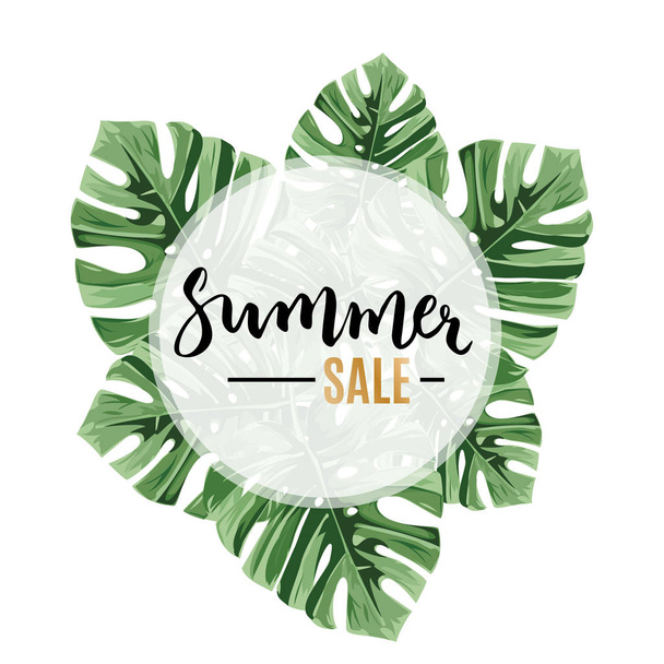 Bright vector tropical summer background. Sale banner, poster with jungle palm leaves. - Vector, Image