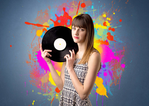 Lady holding vinyl record - Φωτογραφία, εικόνα