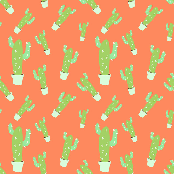 home blossom green cactus in white pot in doodle style, flat cartoon colors, seamless pattern isolated on orange background, stock vector illustration - Vector, Image