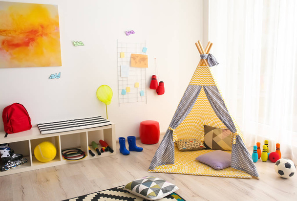 Modern room interior with play tent for child - Zdjęcie, obraz