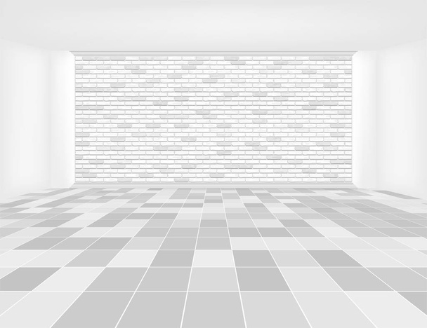 White tile floor and white brick wall inside room. - Vector, Image