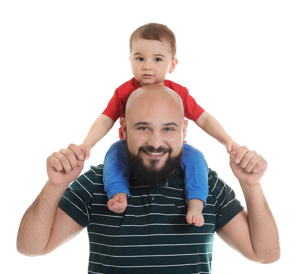 Portrait of dad and his little son on white background - Φωτογραφία, εικόνα