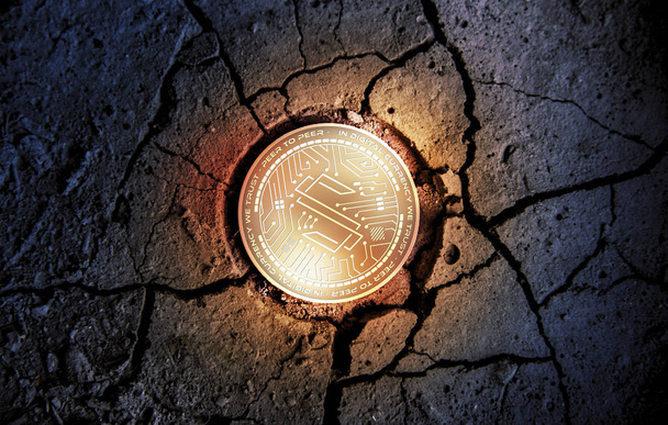 fényes arany altalaj cryptocurrency érme a száraz földön desszert háttér bányászati 3d rendering illusztráció - Fotó, kép