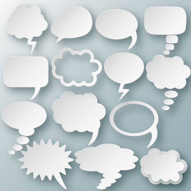 Set of different thought cloud fourteen white objects on gray-blue background for infographics - Vector, Image