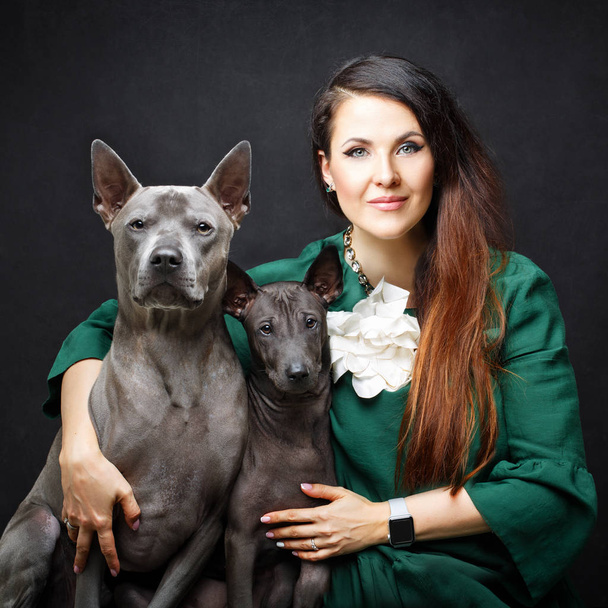 Nainen kahden koiran kanssa
 - Valokuva, kuva