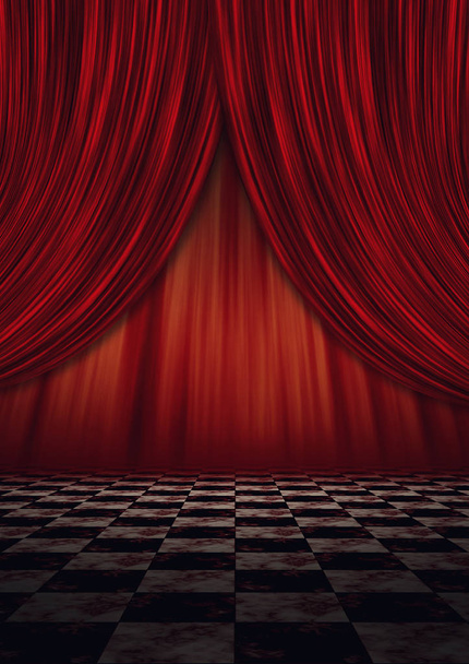 Abstract stage background with curtains and marble checkered floor. - Photo, Image
