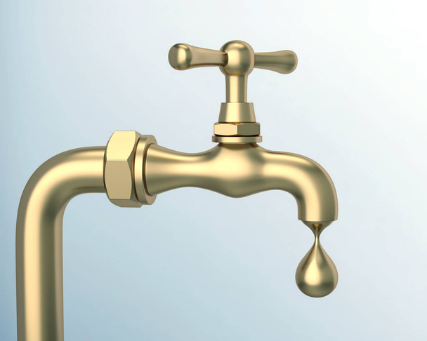 Golden tap with drop of gold. 3D rendering with clipping path - Photo, Image