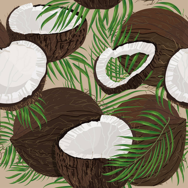 Hindistan cevizi, bütün ve beyaz arka plan üzerinde izole palmiye yaprakları taşlarla. Renkli botanik vektör halat. Vintage tropic tasarım. Yaz orman moda dikişsiz desen için iyi fikir - Vektör, Görsel