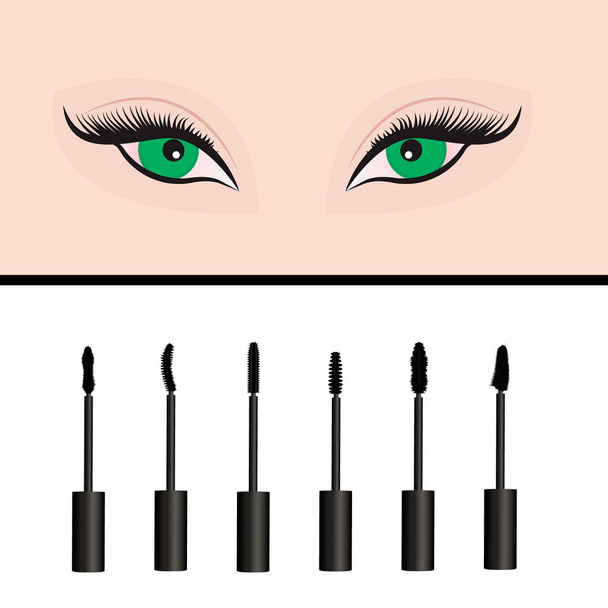 A girl's eyes and  types of  mascara vector illustration. Set of mascara - Vector, Image
