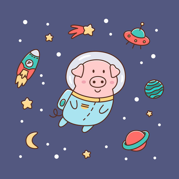 Space pig or astronaut, in space with objects, on a blue background. It can be used for sticker, patch, phone case, poster, t-shirt, mug and other design. - Vektor, Bild