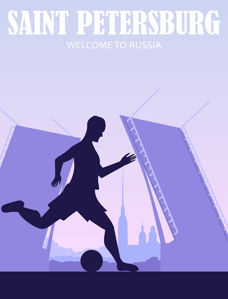 football 2018. Russia. Saint Petersburg postcard, banner.welcome to Russia. flat illustration with city and football player. - Vector, Image
