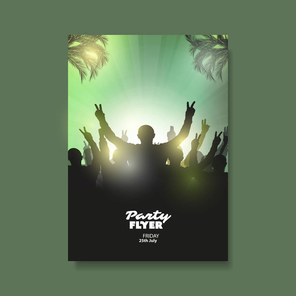 Красочный постер вечеринки или фестиваля, плакат, флаер или шаблон дизайна с силуэтом толпы в темноте
 - Вектор,изображение