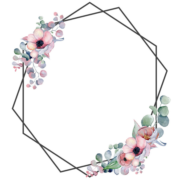 Geometric botanical design frame. Wild  flowers, peonies, anemone, leaves and herbs. - Fotoğraf, Görsel