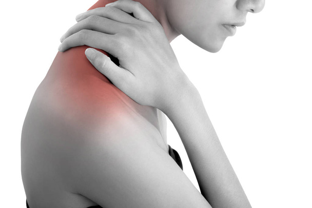 woman hand holding her neck and massaging  in pain area black and white color with red highlighted, Isolated on white background. - Foto, Imagen