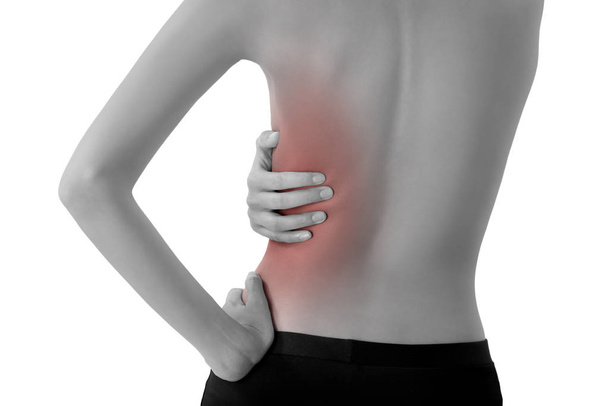 woman hand holding her neck and massaging  in pain area black and white color with red highlighted, Isolated on white background. - Photo, Image