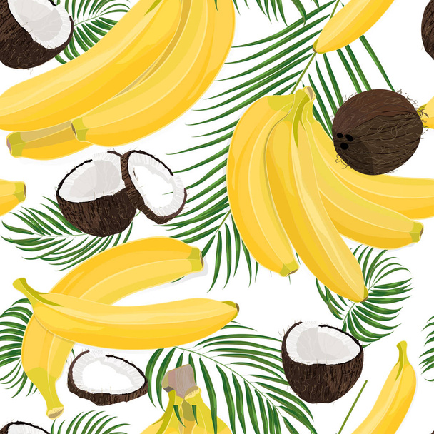Banana, coconut, whole and pieces with palm leaves isolated on white background. Colorful botanical vector ilustration. Vintage tropic design. Good idea for Summer jungle Fashion seamless pattern - Vector, Image