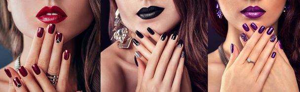 Modelo de moda de beleza com maquiagem diferente e design de unhas usando jóias no fundo preto. Conjunto de manicure. Três olhares elegantes
 - Foto, Imagem