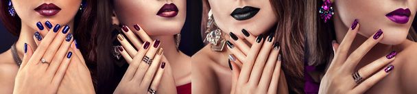 Modelo de moda de beleza com maquiagem diferente e design de unhas usando jóias no fundo preto. Conjunto de manicure. Quatro olhares elegantes
 - Foto, Imagem