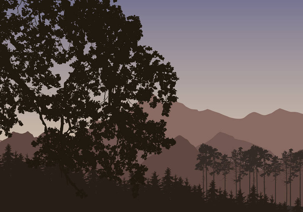 Ilustracja wektorowa z sylwetką iglastego lasu z górami w tle, pod ciemnym niebem - z miejsca na tekst - Wektor, obraz