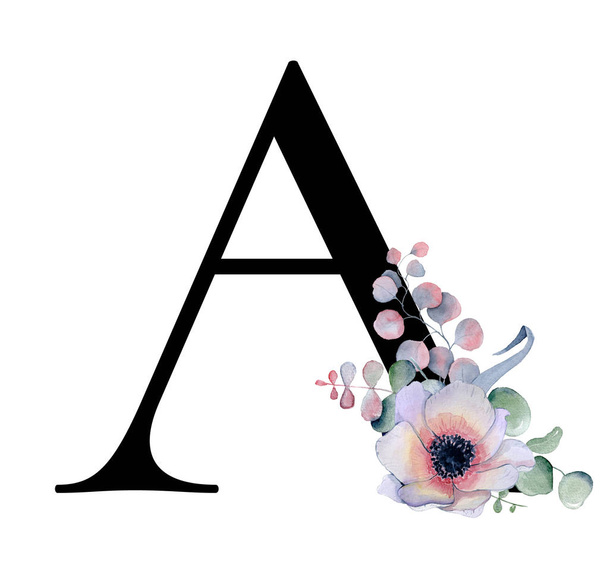  Floral watercolor alphabet. Monogram initial letter A design with hand drawn peony and anemone flower  and black panther - Fotoğraf, Görsel