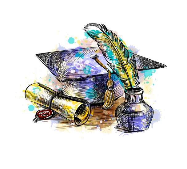 diploma of graduation with a graduate cap and pen - Vector, Image