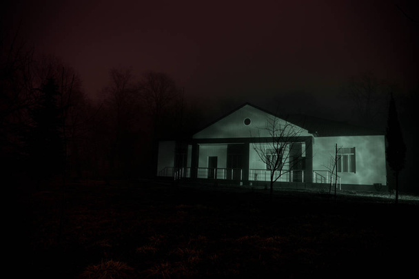 Vieille maison avec un fantôme dans la forêt la nuit ou maison d'horreur hantée abandonnée dans le brouillard. Ancien bâtiment mystique dans la forêt d'arbres morts. Maison effrayante au milieu d'une forêt sombre. Lumières surréalistes - Photo, image